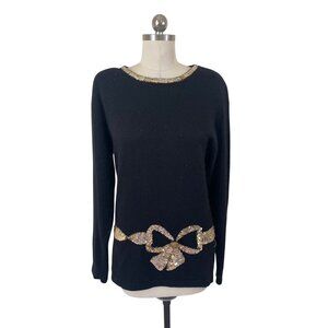 Karen Scott VTG Y2K Tunic Sweater Medium Black Wool Gold Sequin Avant Garde